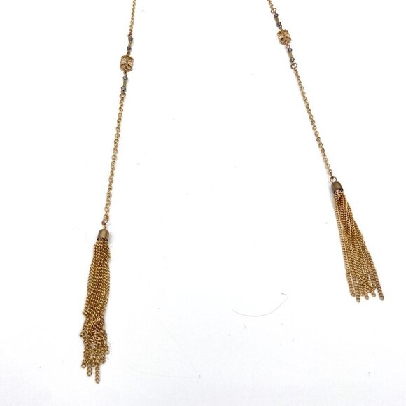 Gold Tone Gray Beaded Boho Choker Long Tassel Necklace Costume Jewelry - Picture 3 of 4